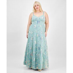 Say Yes Trendy Plus Size 16W Sequined Embroidered Ball Gown Green MSRP $229